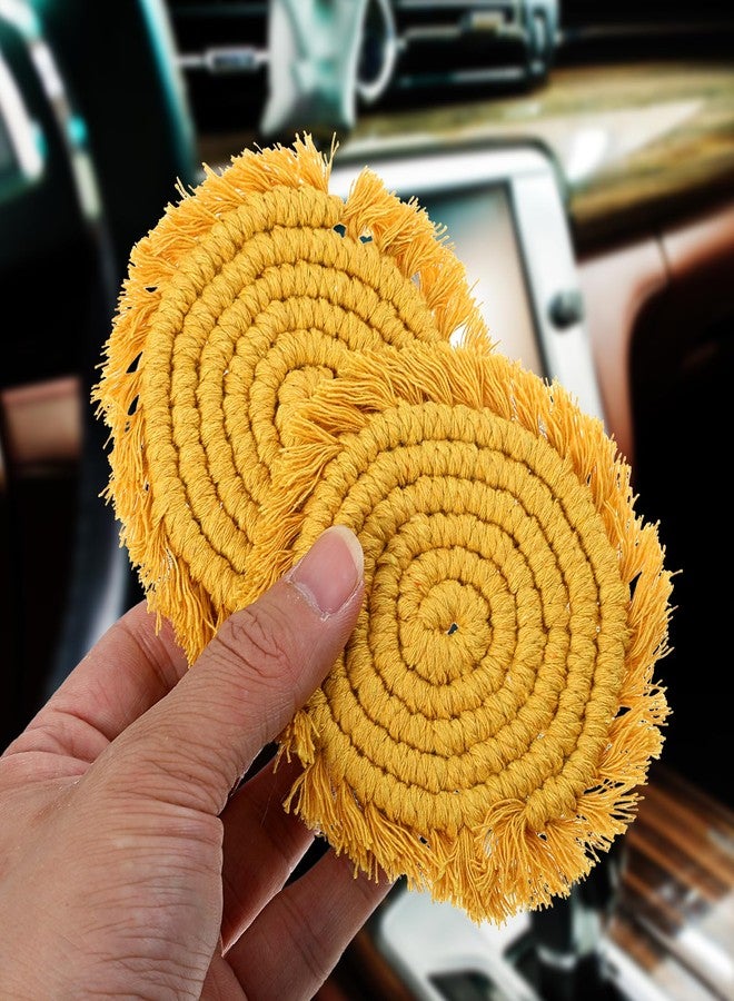 Guduling 2pcs Car Cup Holder Coasters, Cotton Coaster for Car, Absorbent, 3.54 in Boho Cars Cupholder Coaster with Macrame for Women （Sunshine Yellow） - Image 4